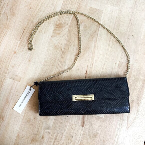 NWT BCBGeneration Black Carlie Clutch Purse Small Formal  Snake Print Gold Chain - Picture 1 of 10